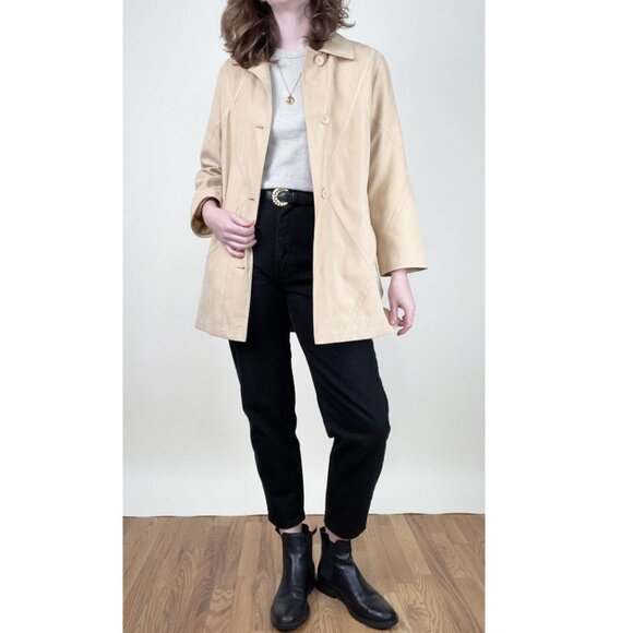Vintage 90s Y2K Long Faux Suede Leather Peacoat Trench Jacket Quiet Luxury Coat - Picture 2 of 9